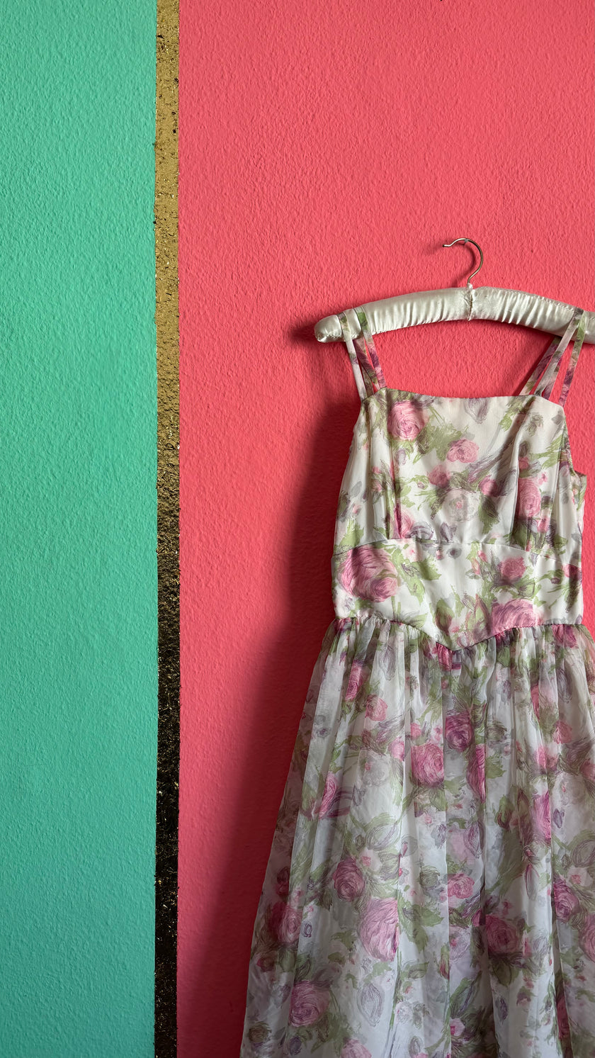 1980s Sheer Floral Organza Party Dress
