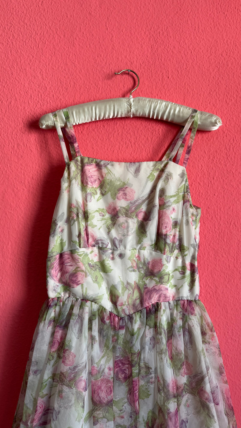 1980s Sheer Floral Organza Party Dress