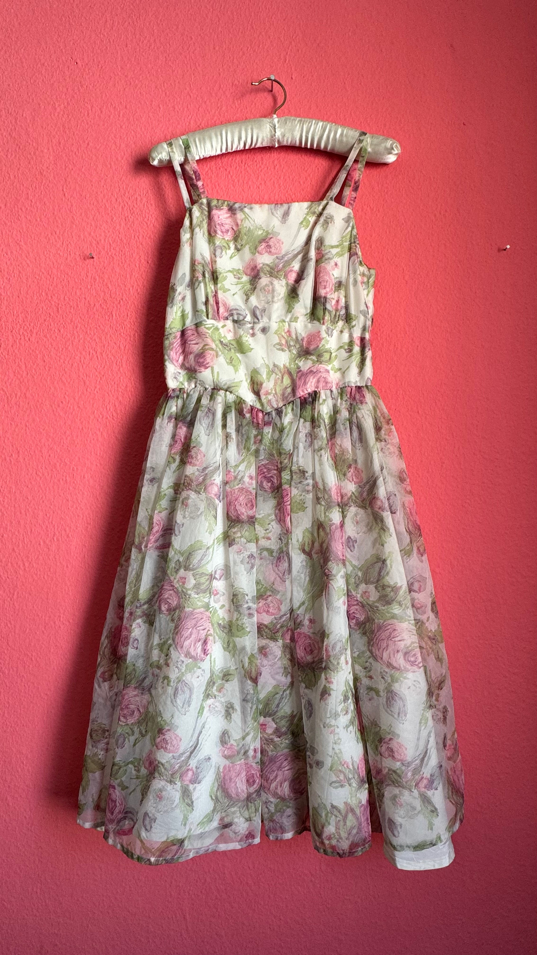 1980s Sheer Floral Organza Party Dress