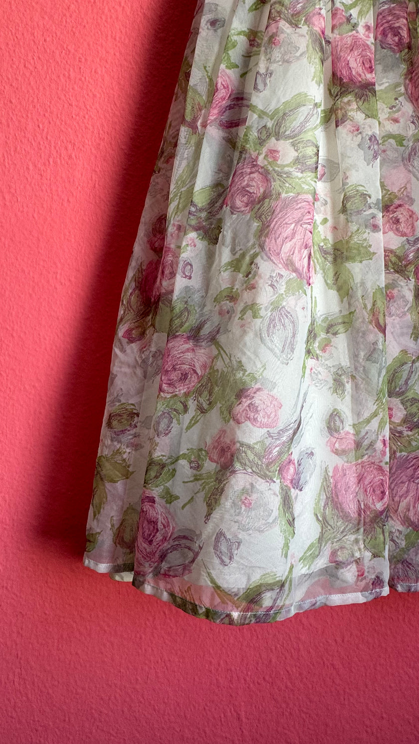1980s Sheer Floral Organza Party Dress