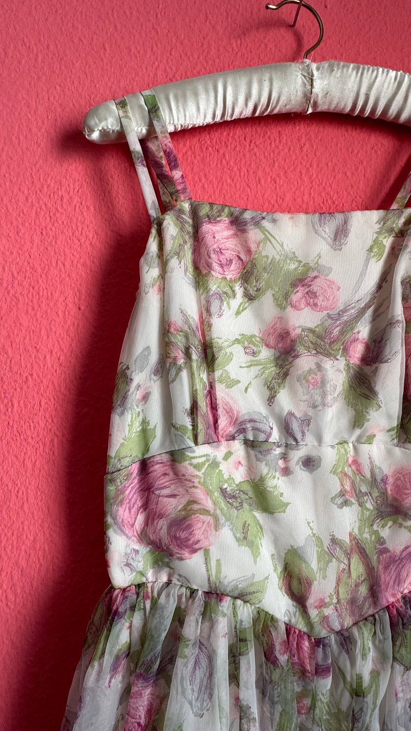 1980s Sheer Floral Organza Party Dress
