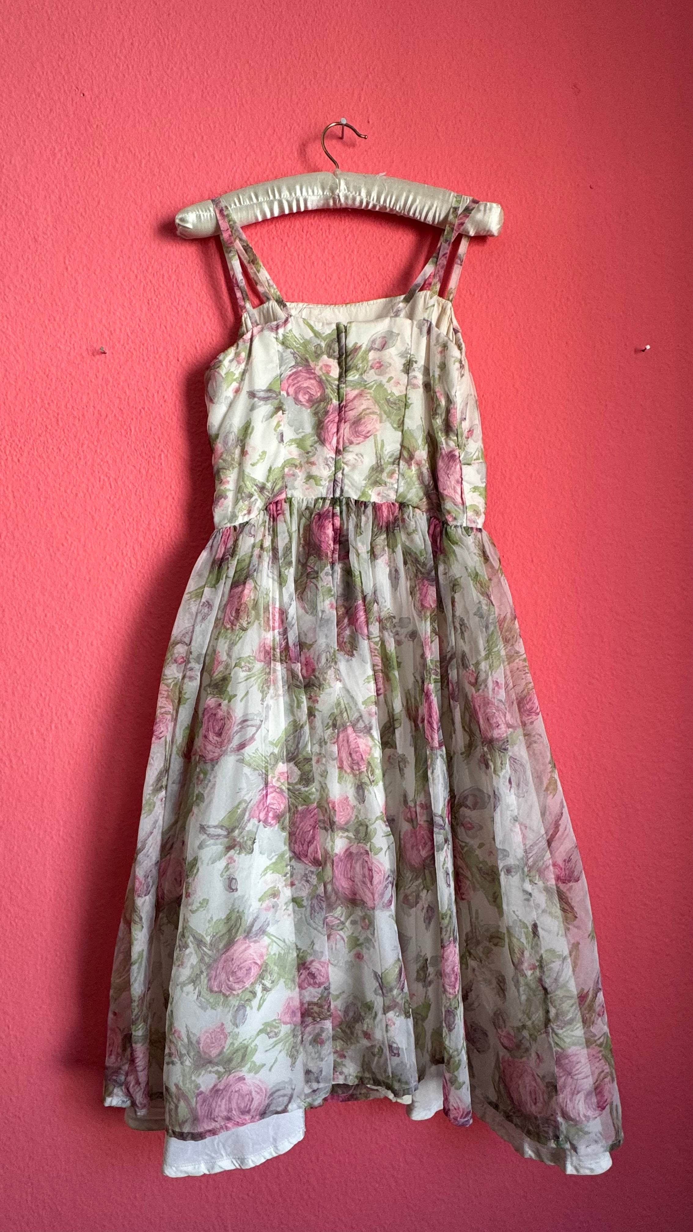 1980s Sheer Floral Organza Party Dress