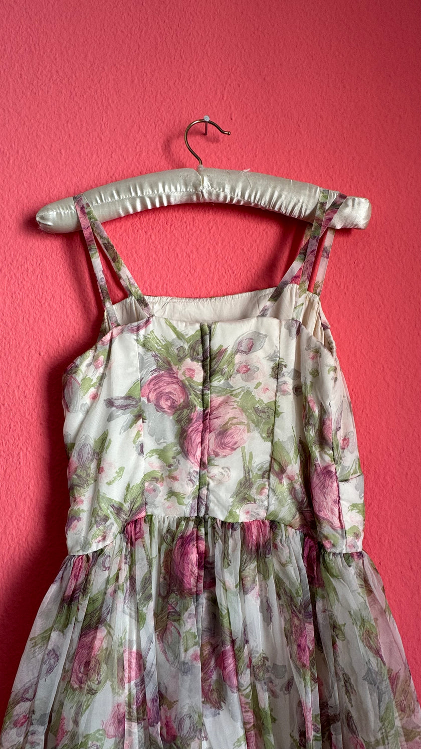 1980s Sheer Floral Organza Party Dress