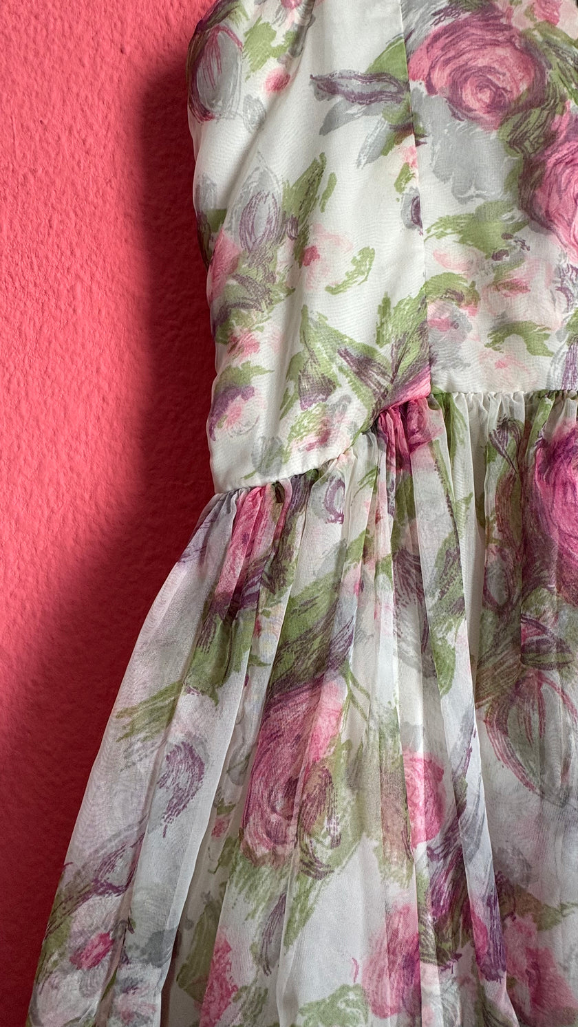 1980s Sheer Floral Organza Party Dress