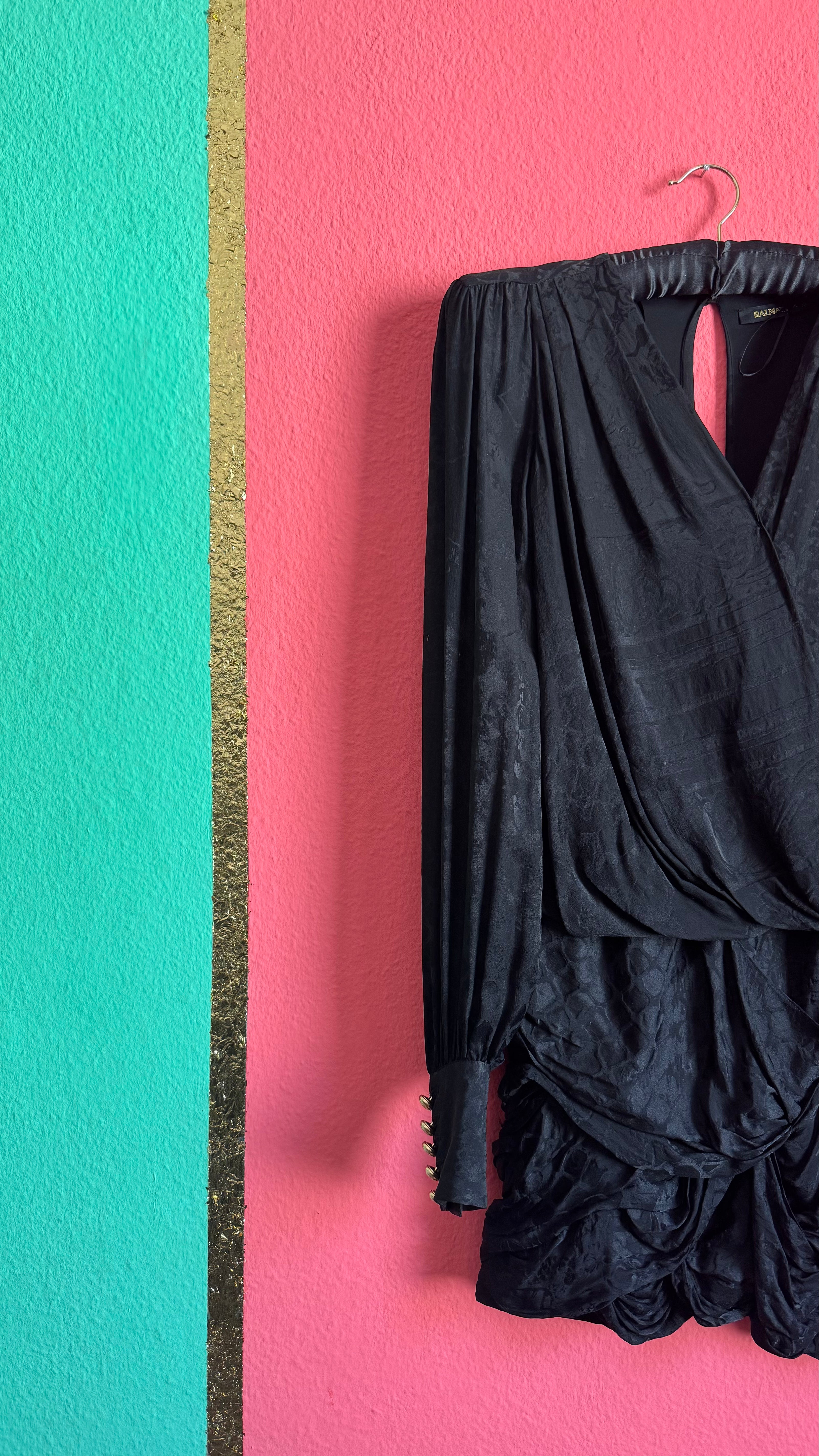 Balmain x H&M Black Draped Jacquard Blouse
