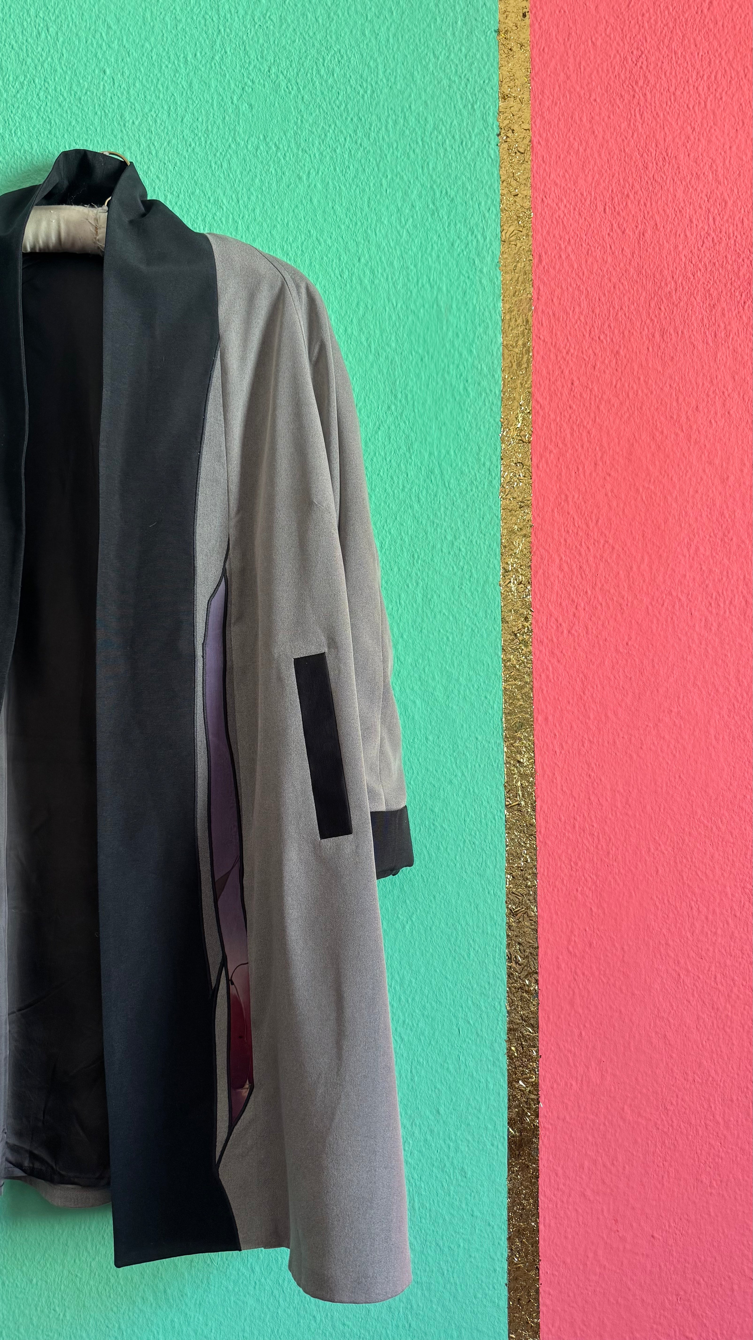 Japanese Haori Kimono Jacket In Taupe And Black With Abstract Panel Details