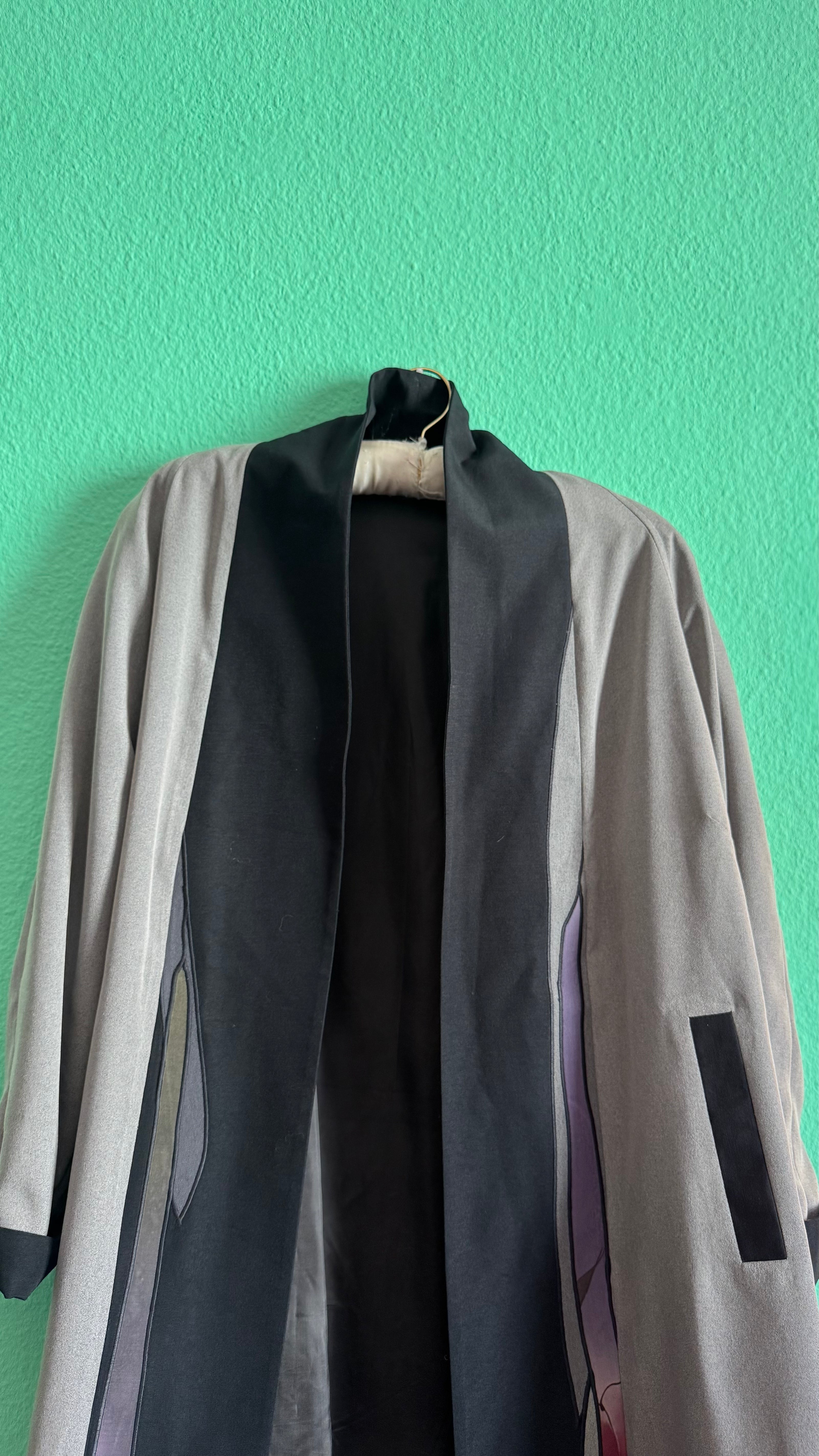 Japanese Haori Kimono Jacket In Taupe And Black With Abstract Panel Details