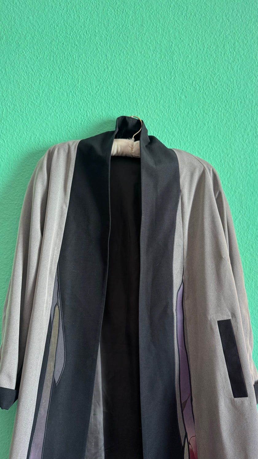 Japanese Haori Kimono Jacket In Taupe And Black With Abstract Panel Details