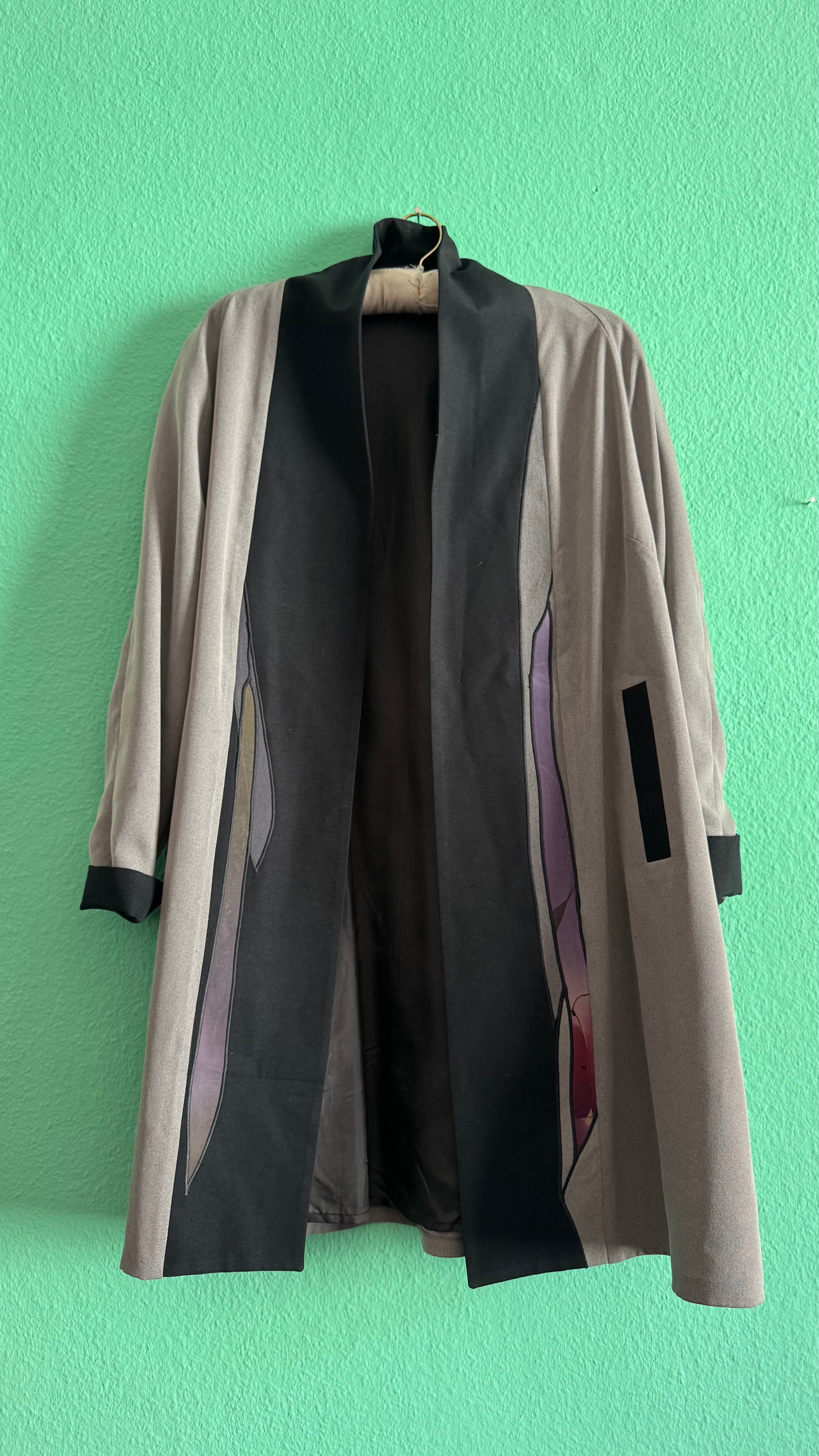 Japanese Haori Kimono Jacket In Taupe And Black With Abstract Panel Details
