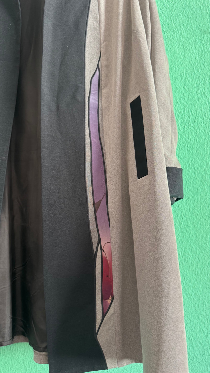 Japanese Haori Kimono Jacket In Taupe And Black With Abstract Panel Details