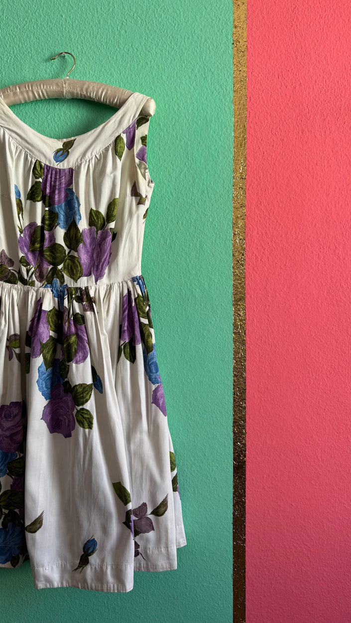 1950s White Cotton Floral Dress