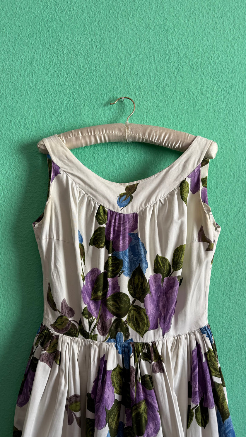 1950s White Cotton Floral Dress