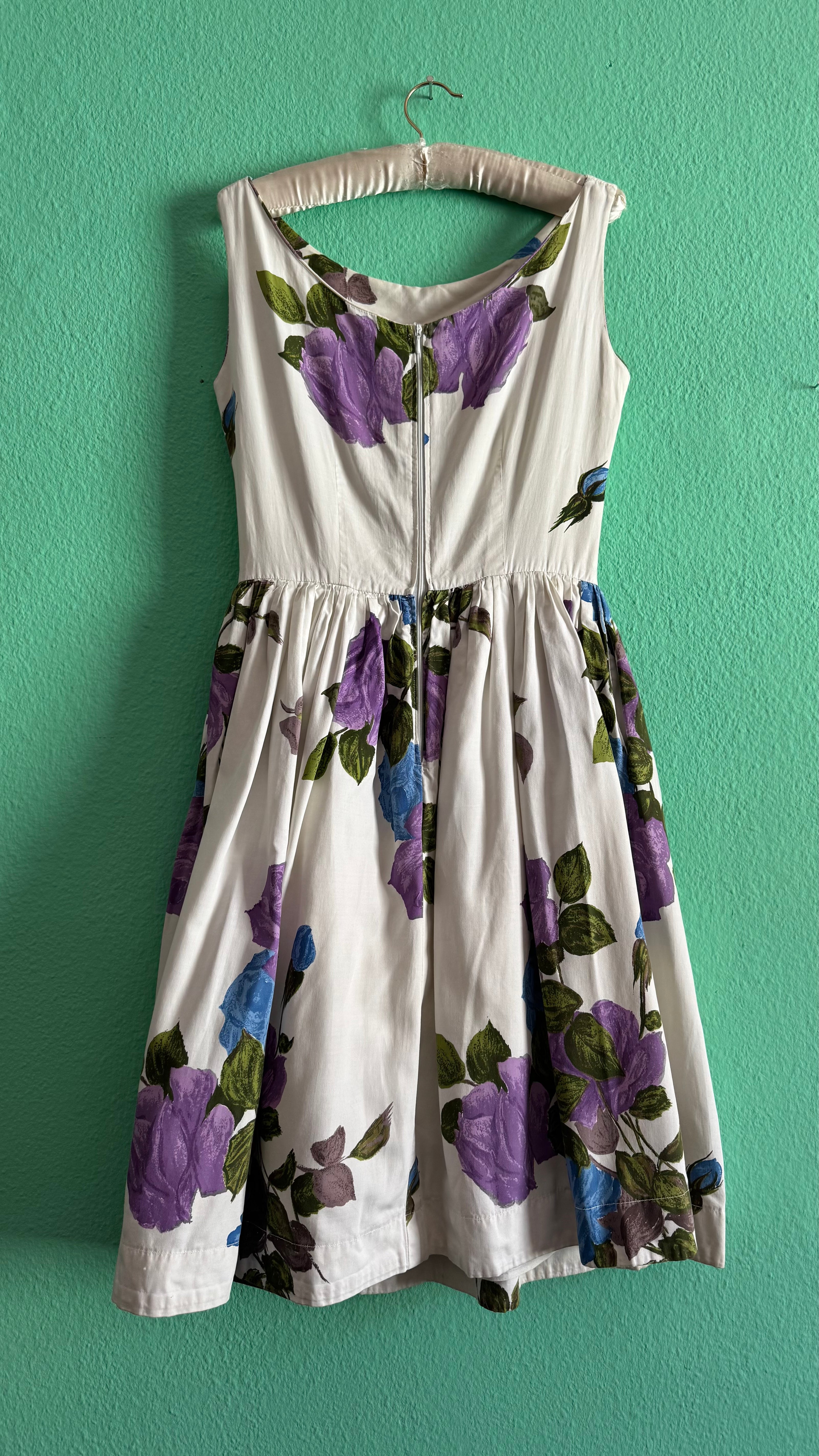 1950s White Cotton Floral Dress
