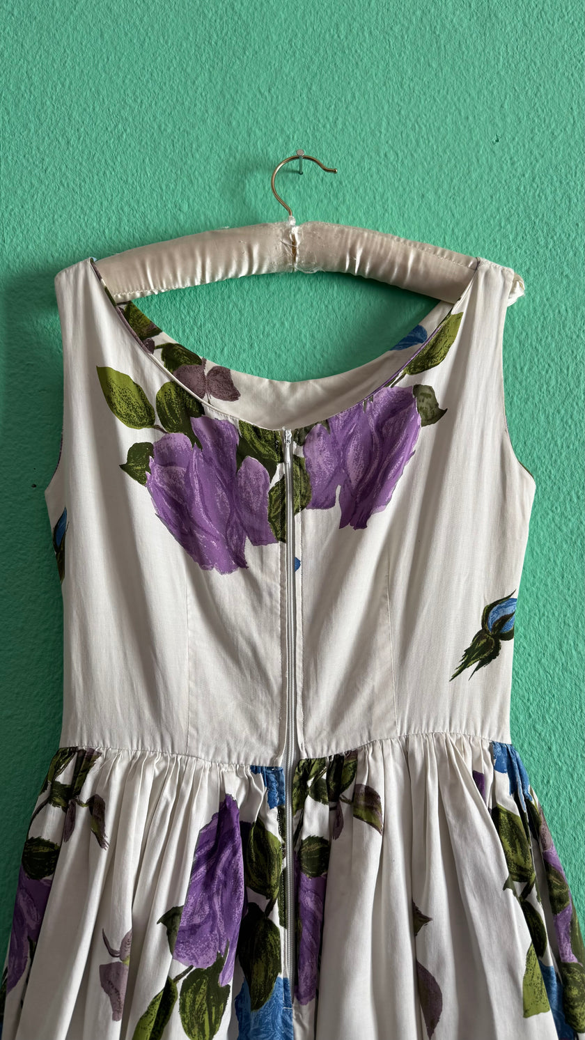 1950s White Cotton Floral Dress