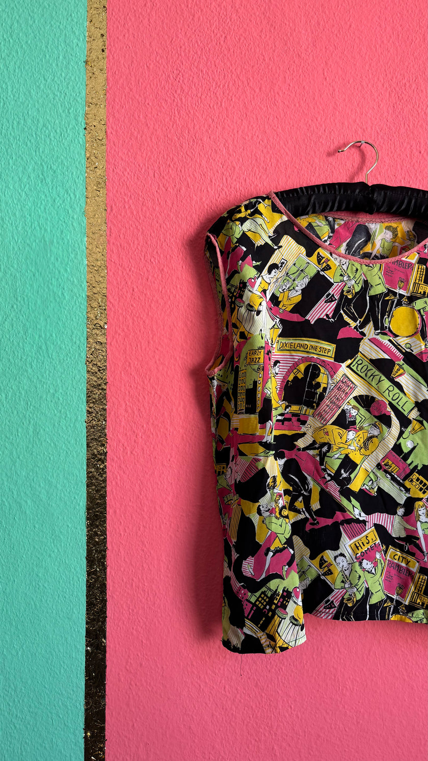 Vintage Rock ’n’ Roll Novelty Print Sleeveless Top