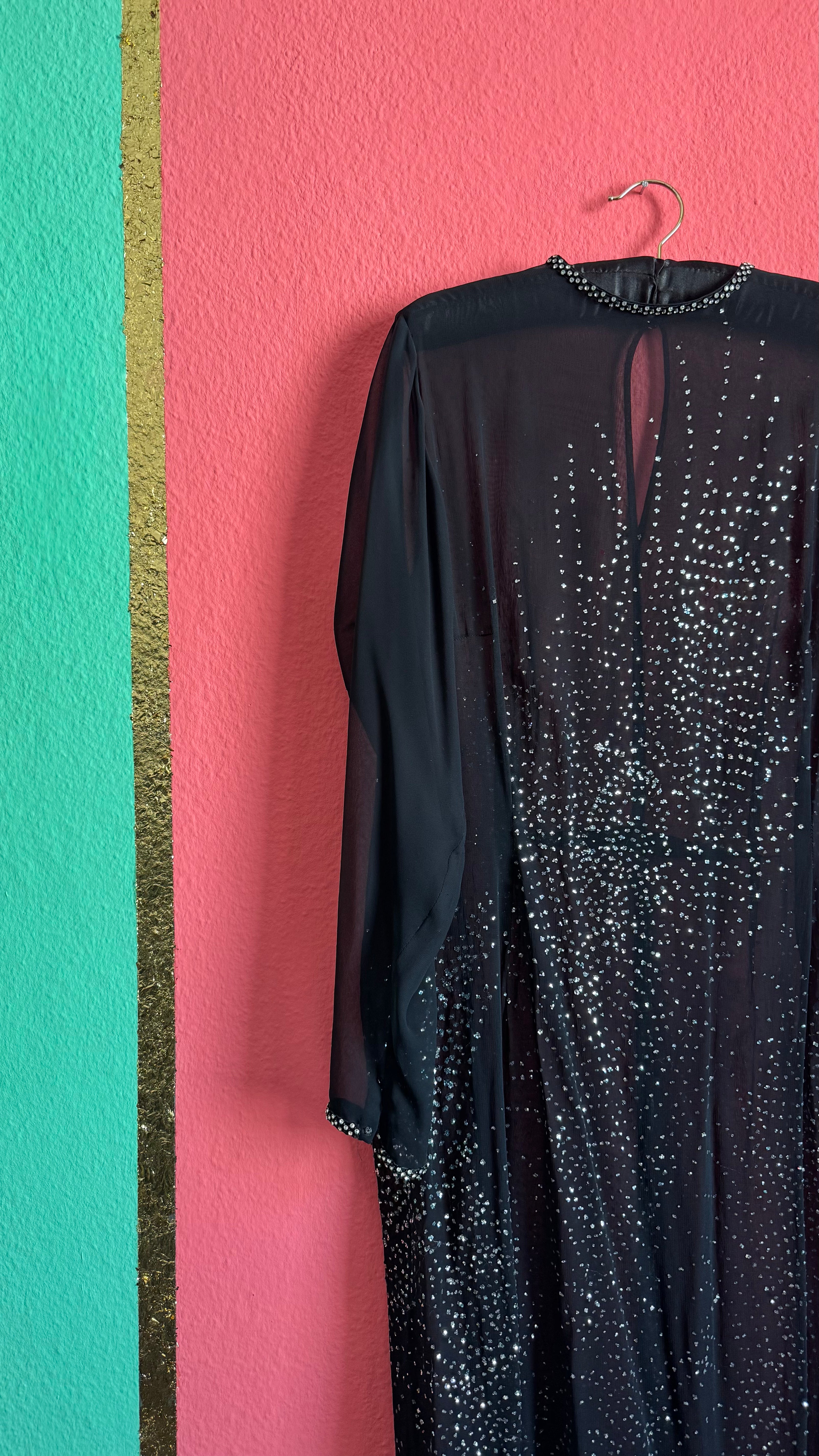 Vintage 1980s Black Sheer Rhinestone Evening Caftan