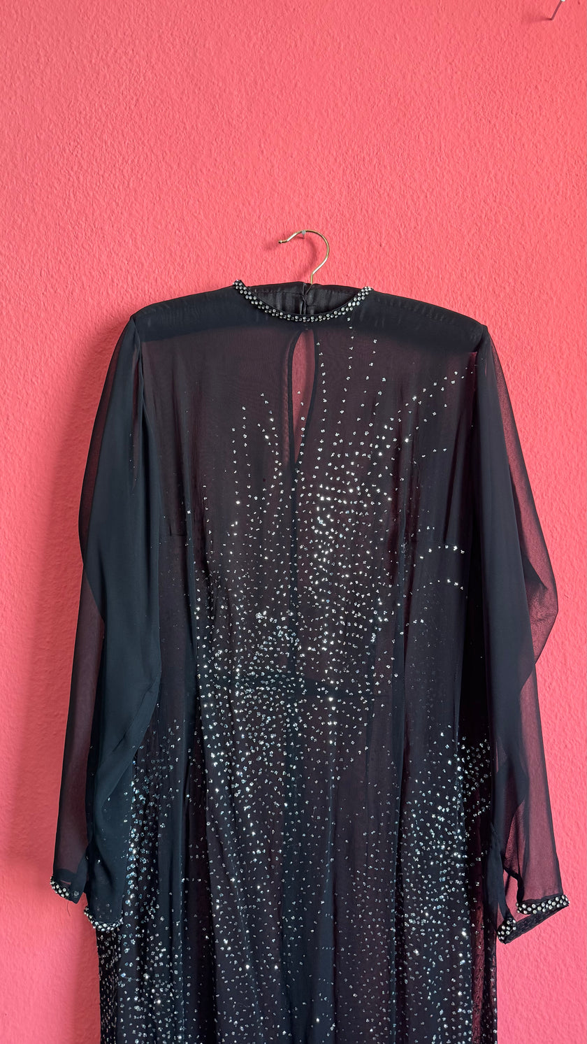 Vintage 1980s Black Sheer Rhinestone Evening Caftan