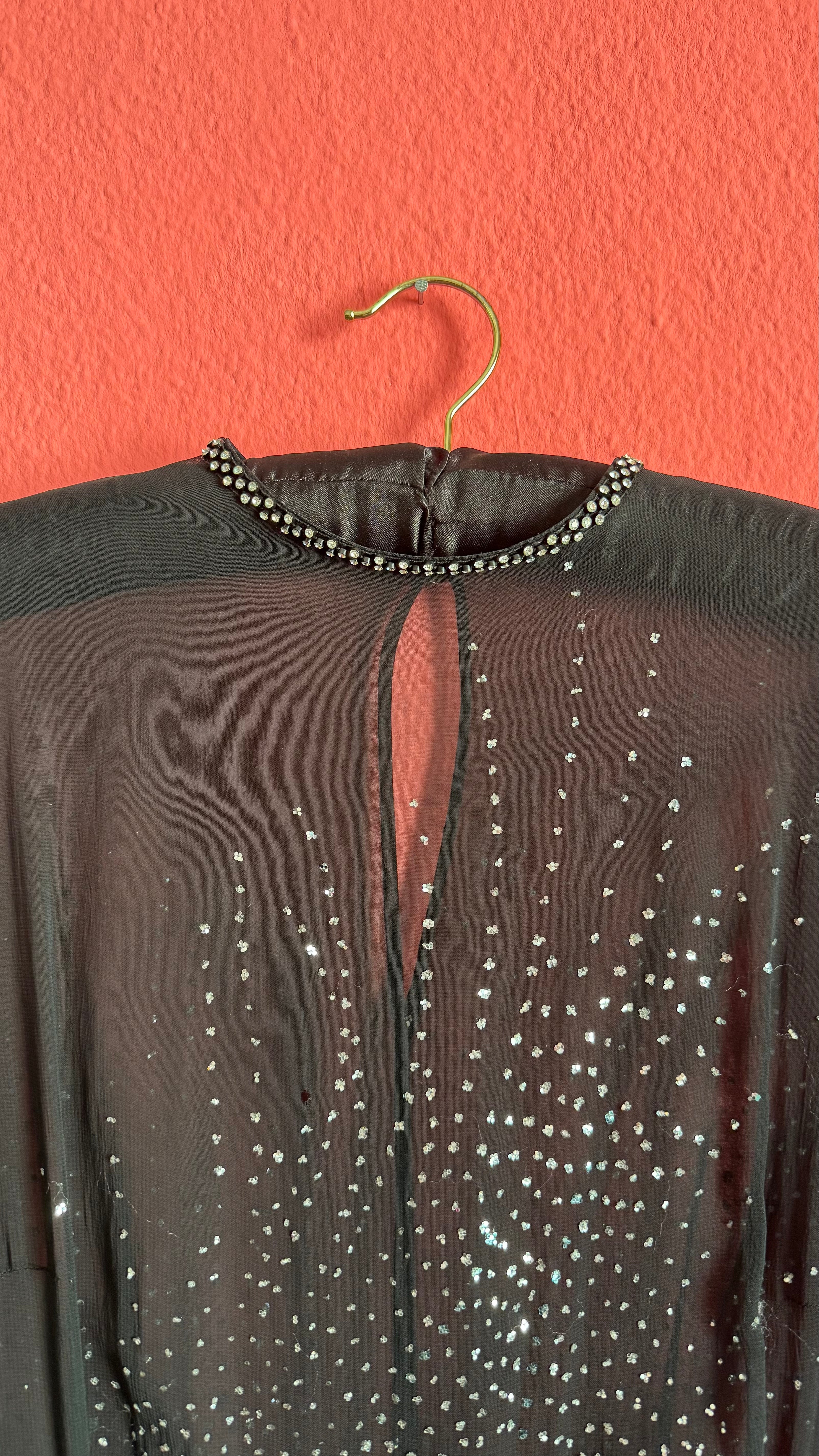 Vintage 1980s Black Sheer Rhinestone Evening Caftan