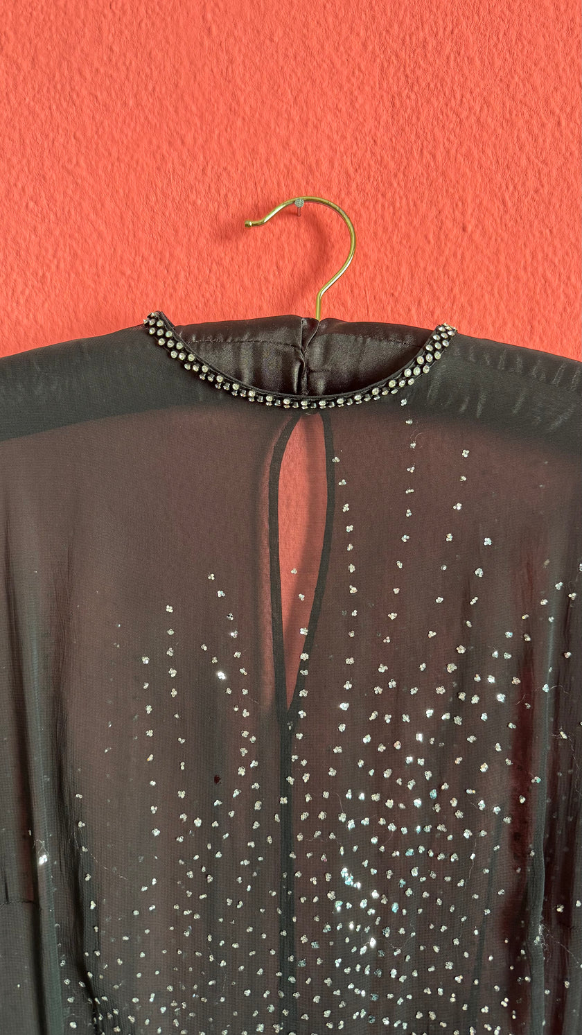 Vintage 1980s Black Sheer Rhinestone Evening Caftan
