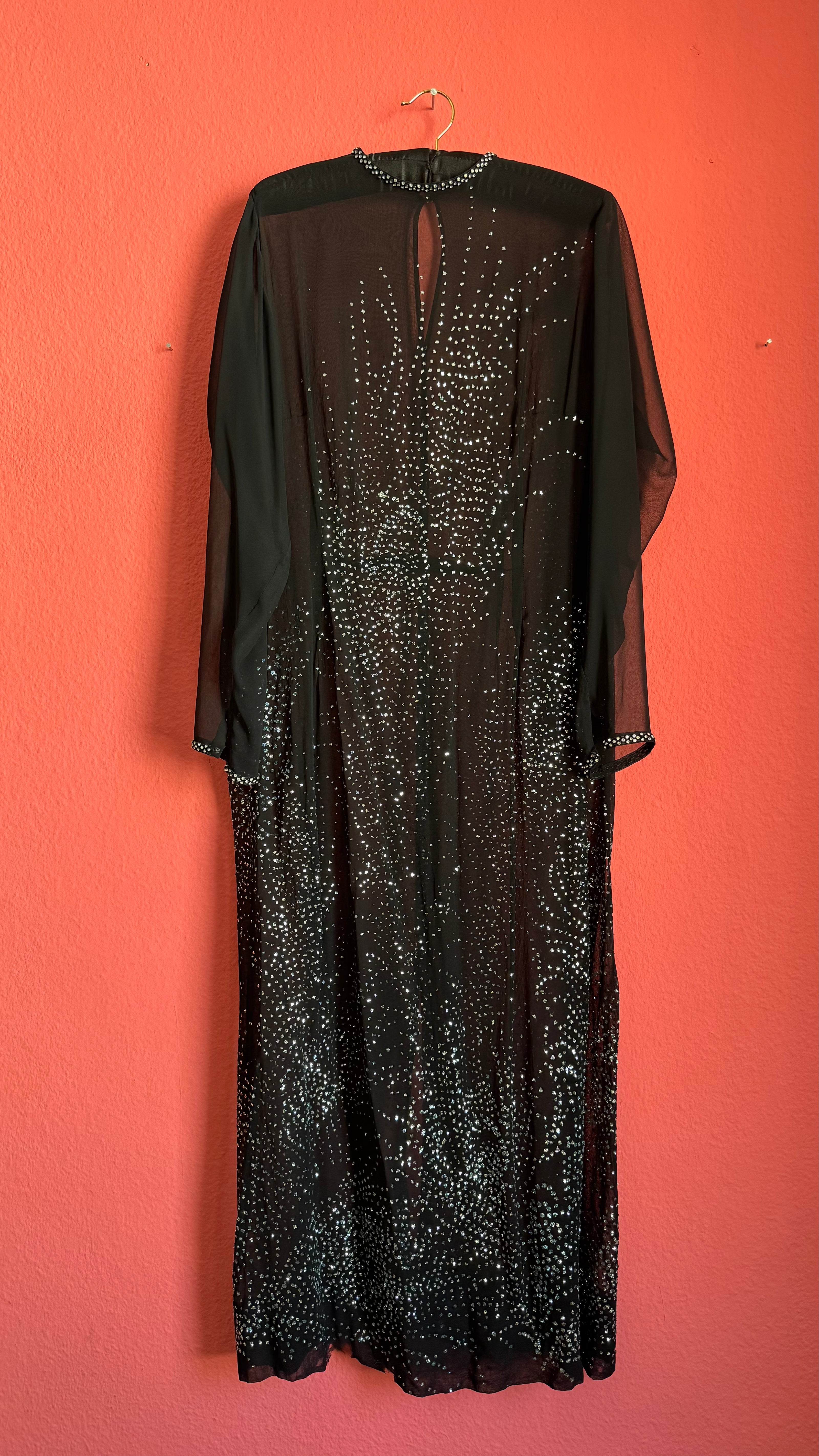 Vintage 1980s Black Sheer Rhinestone Evening Caftan