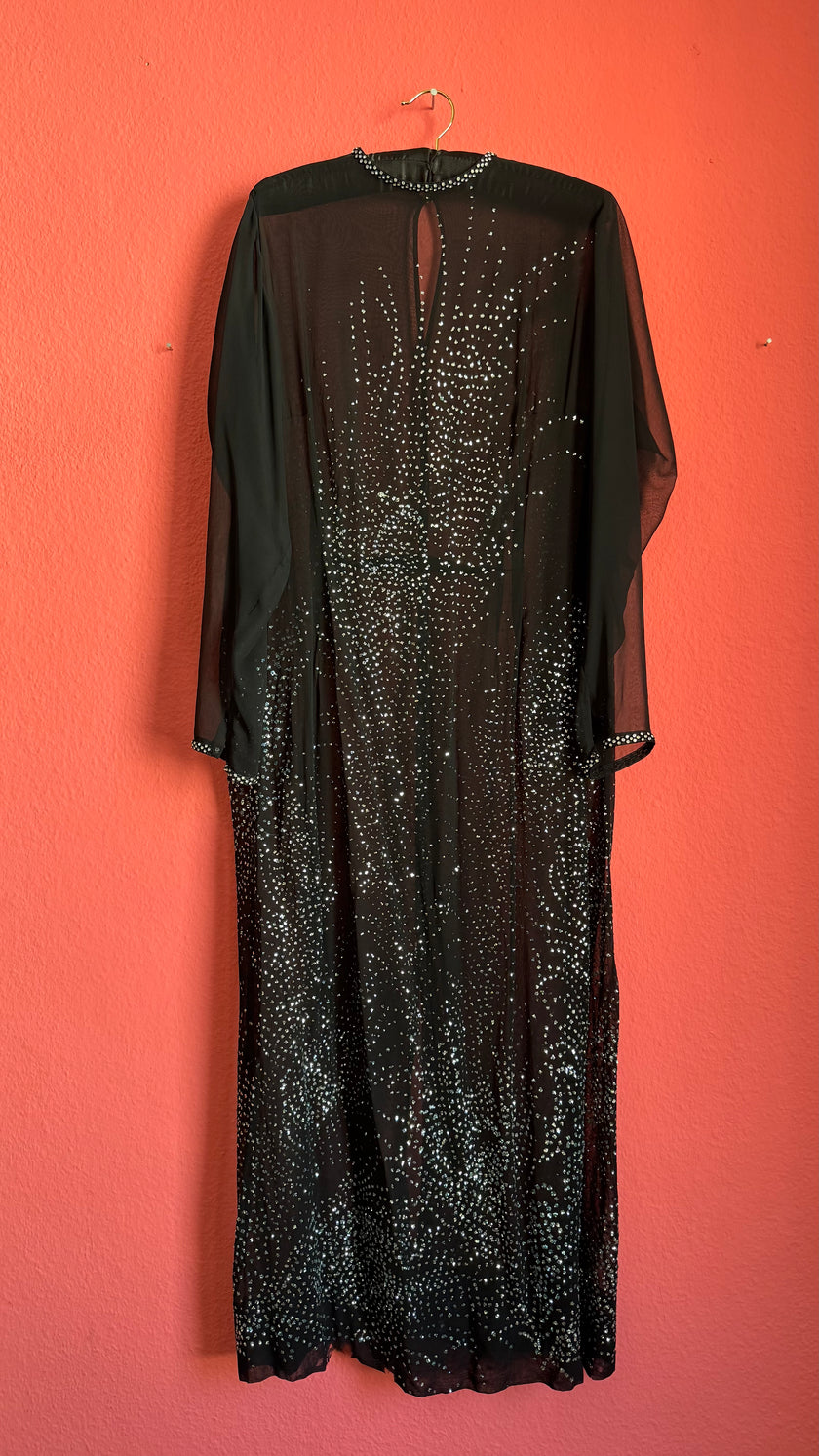 Vintage 1980s Black Sheer Rhinestone Evening Caftan