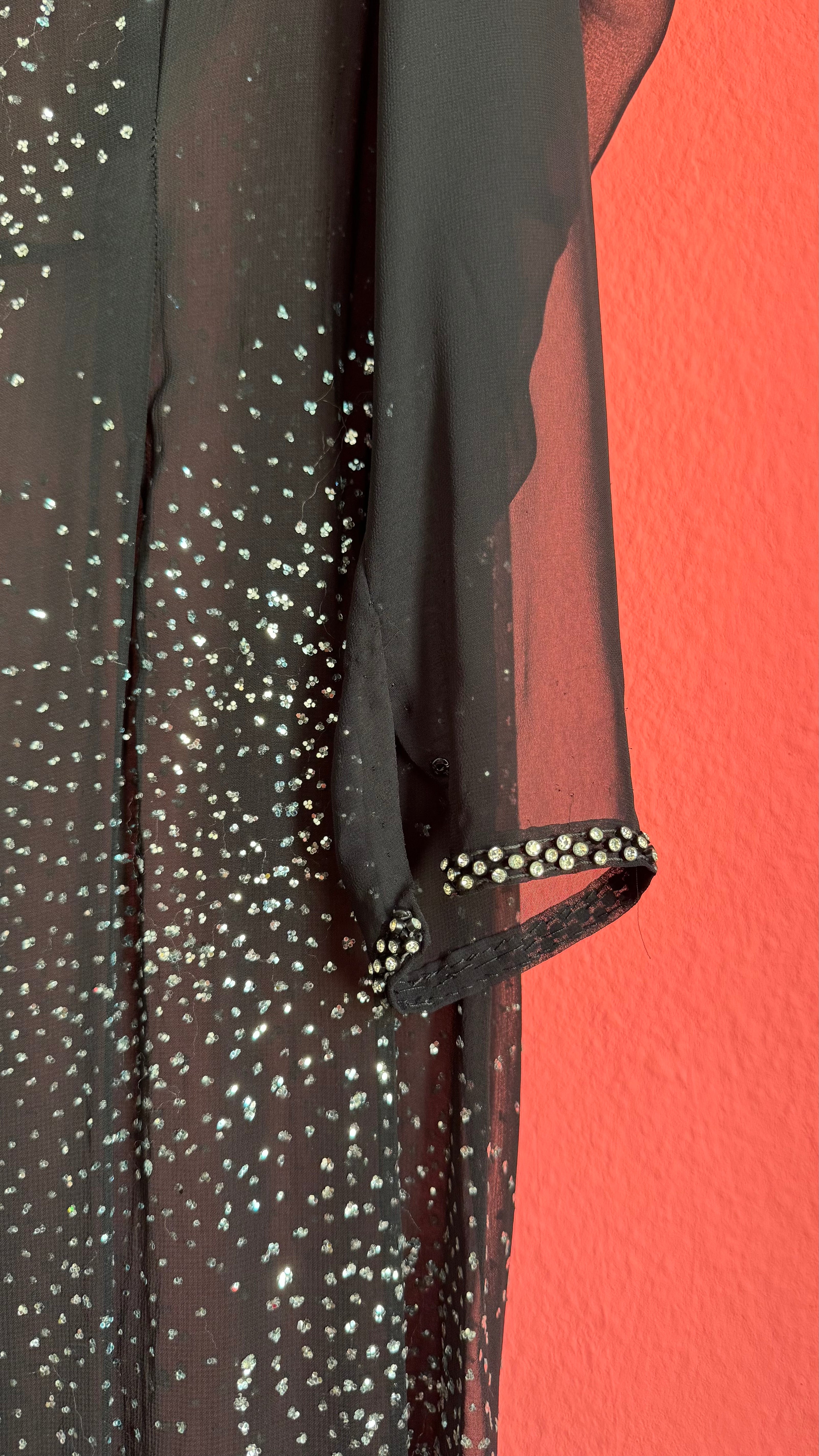 Vintage 1980s Black Sheer Rhinestone Evening Caftan