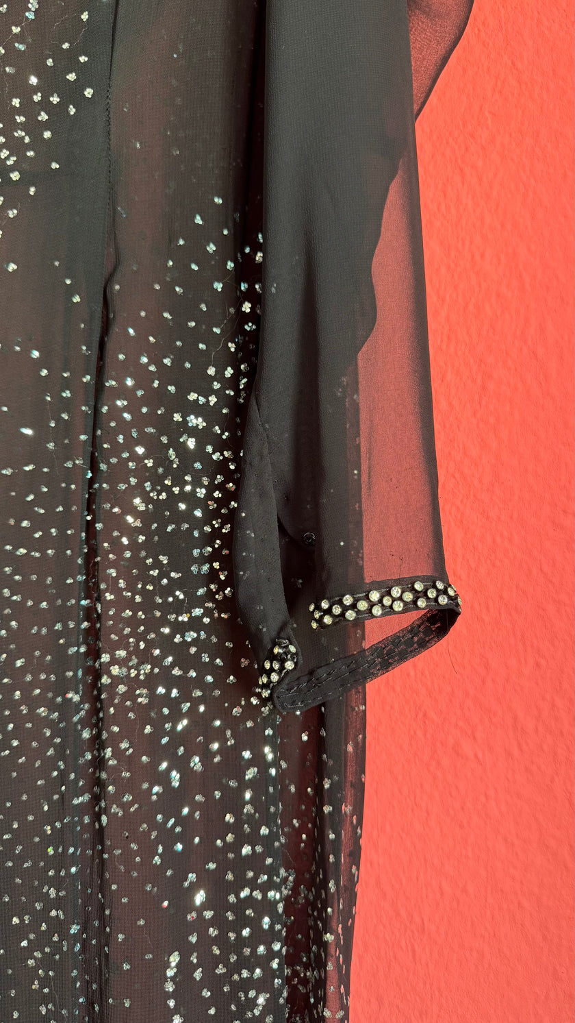 Vintage 1980s Black Sheer Rhinestone Evening Caftan