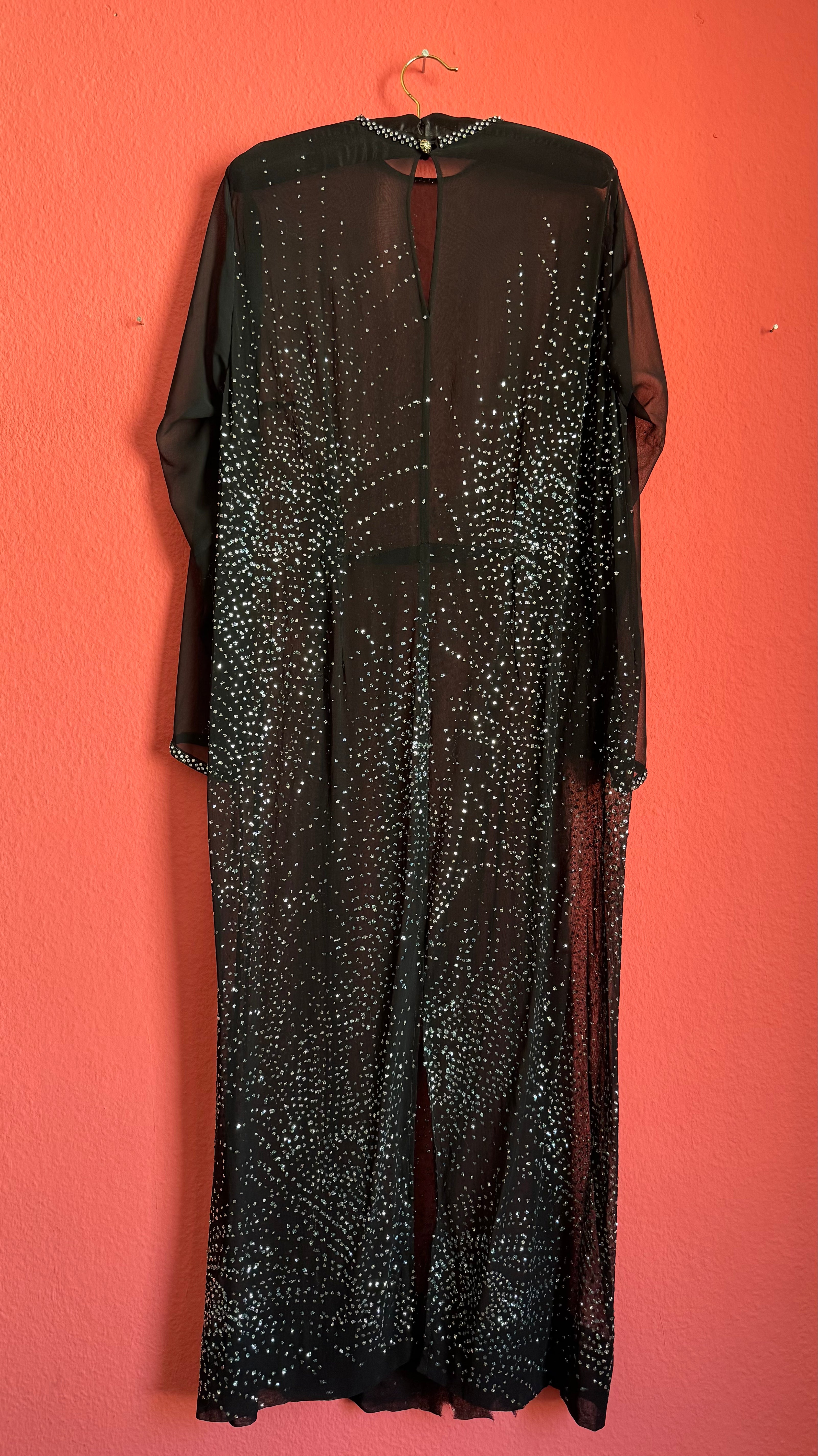Vintage 1980s Black Sheer Rhinestone Evening Caftan