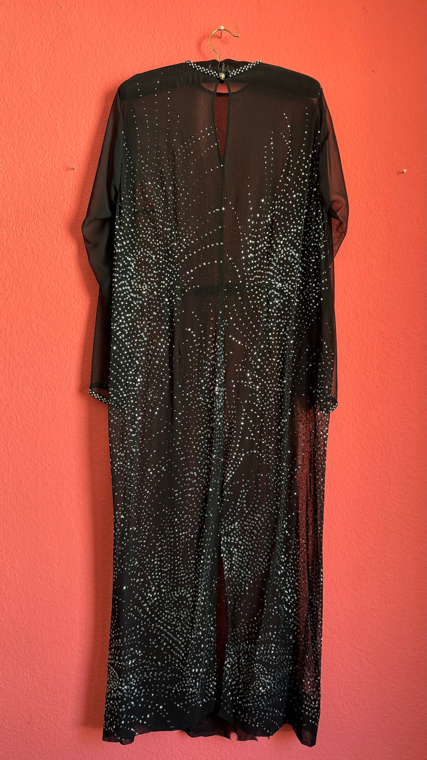 Vintage 1980s Black Sheer Rhinestone Evening Caftan