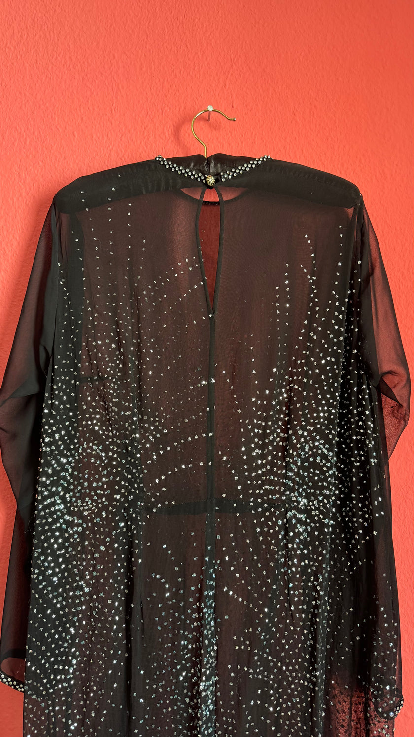Vintage 1980s Black Sheer Rhinestone Evening Caftan