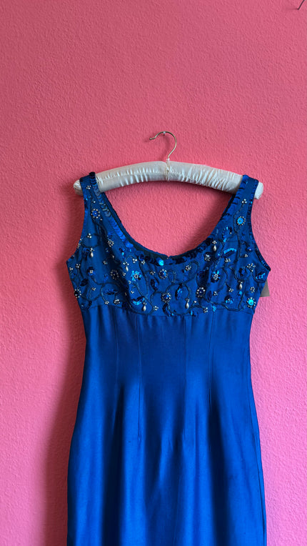 Vintage 1990s Electric Blue Beaded Evening Dress