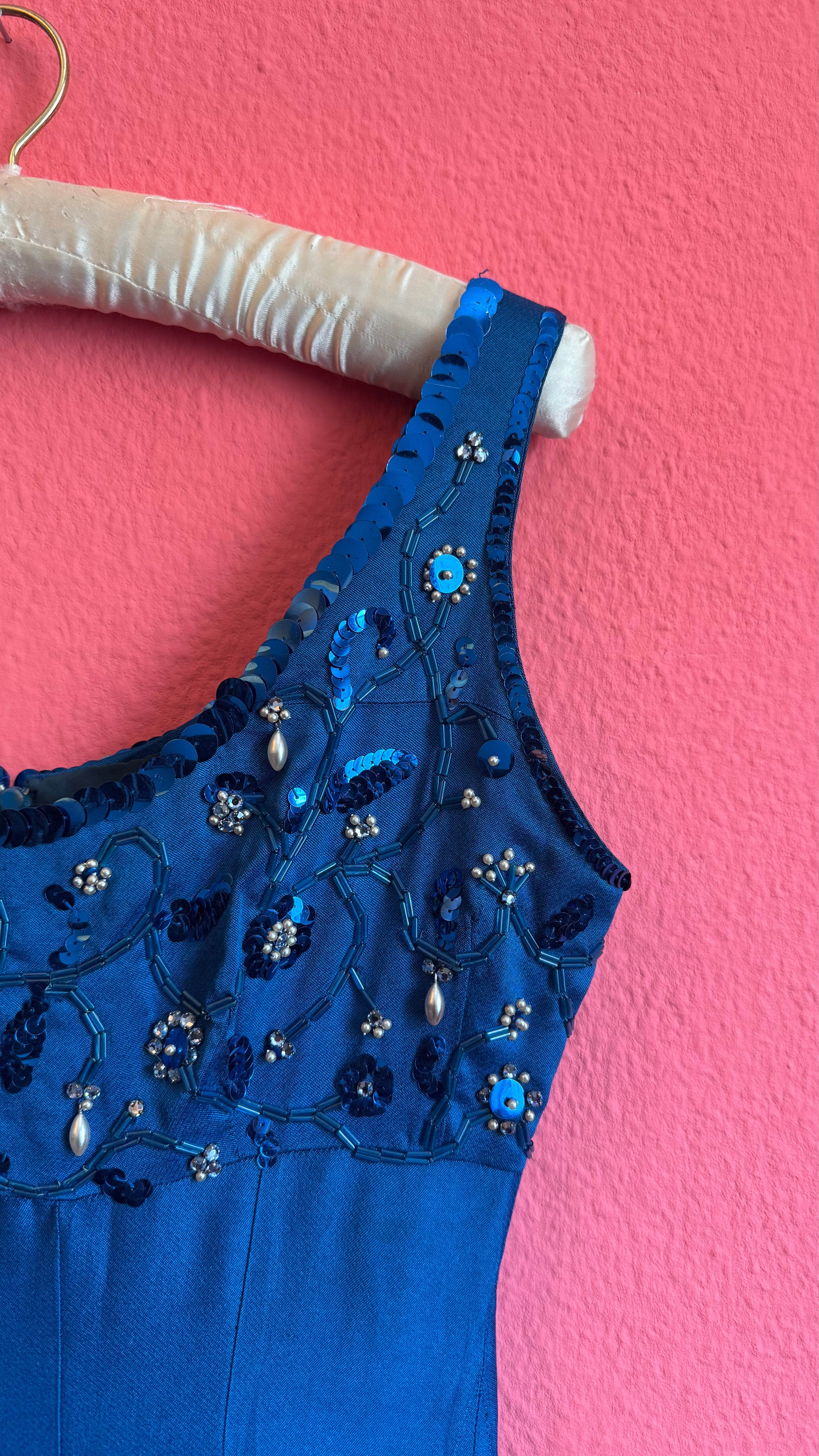 Vintage 1990s Electric Blue Beaded Evening Dress