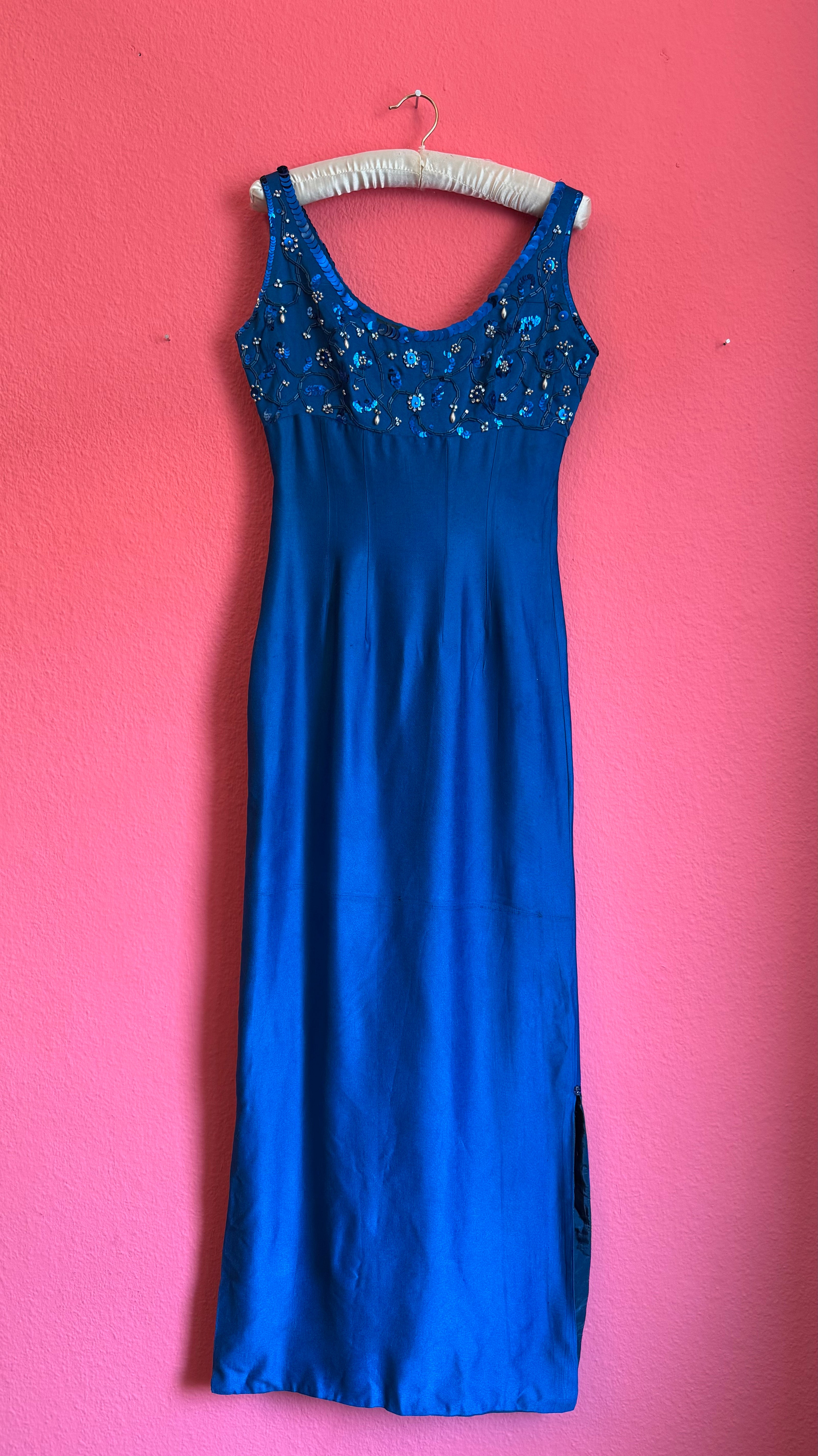 Vintage 1990s Electric Blue Beaded Evening Dress