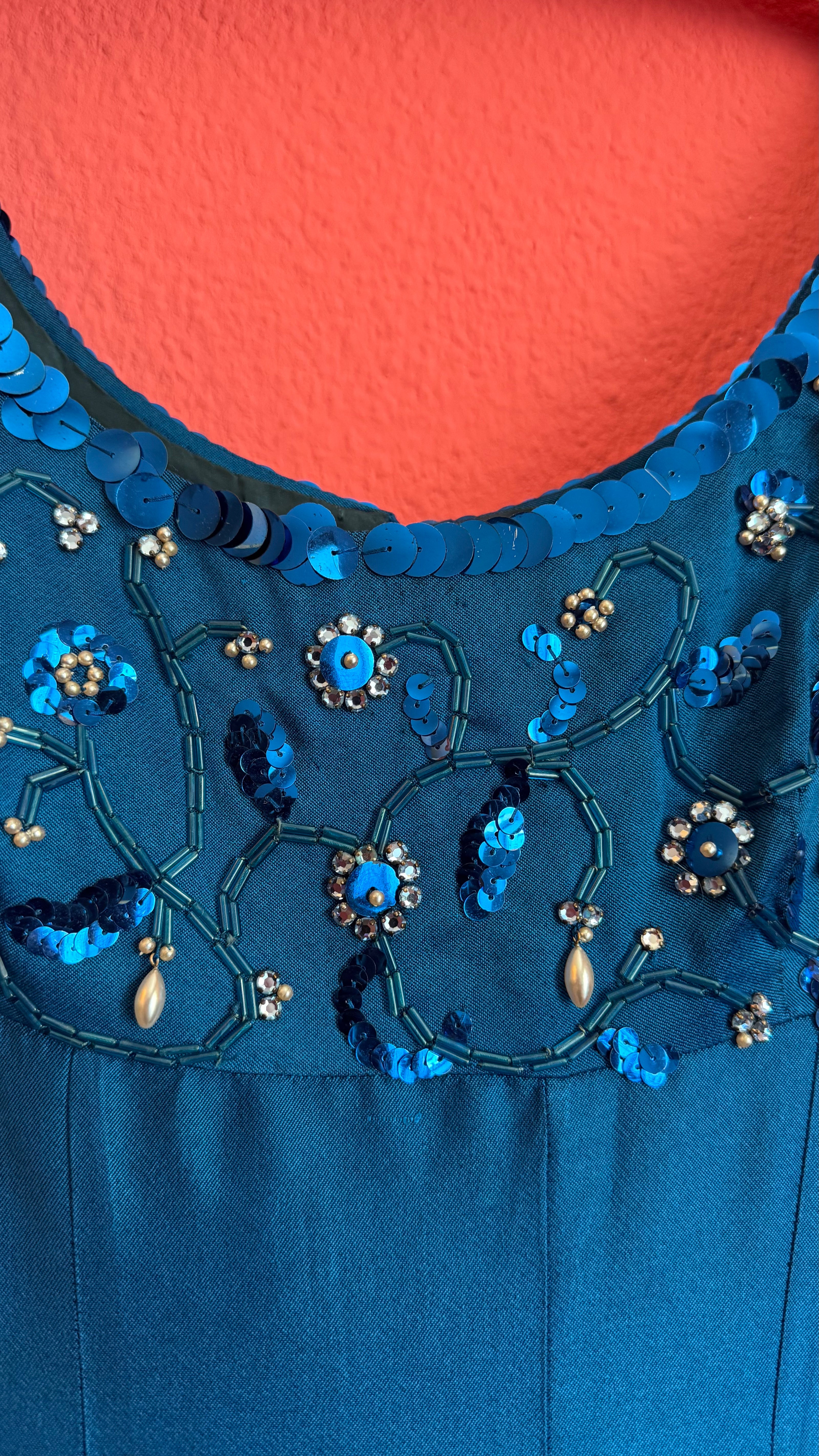 Vintage 1990s Electric Blue Beaded Evening Dress