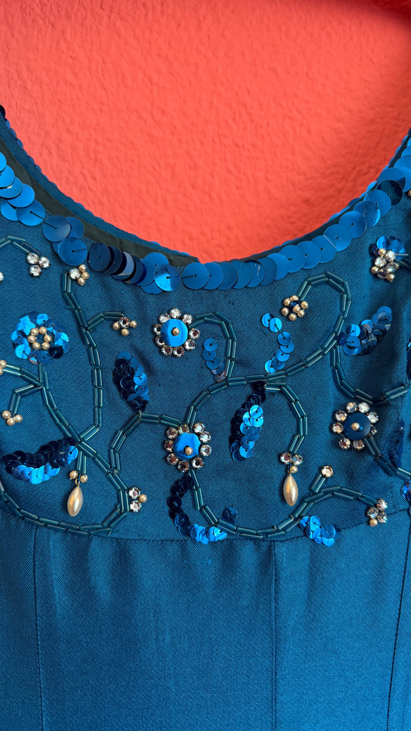 Vintage 1990s Electric Blue Beaded Evening Dress