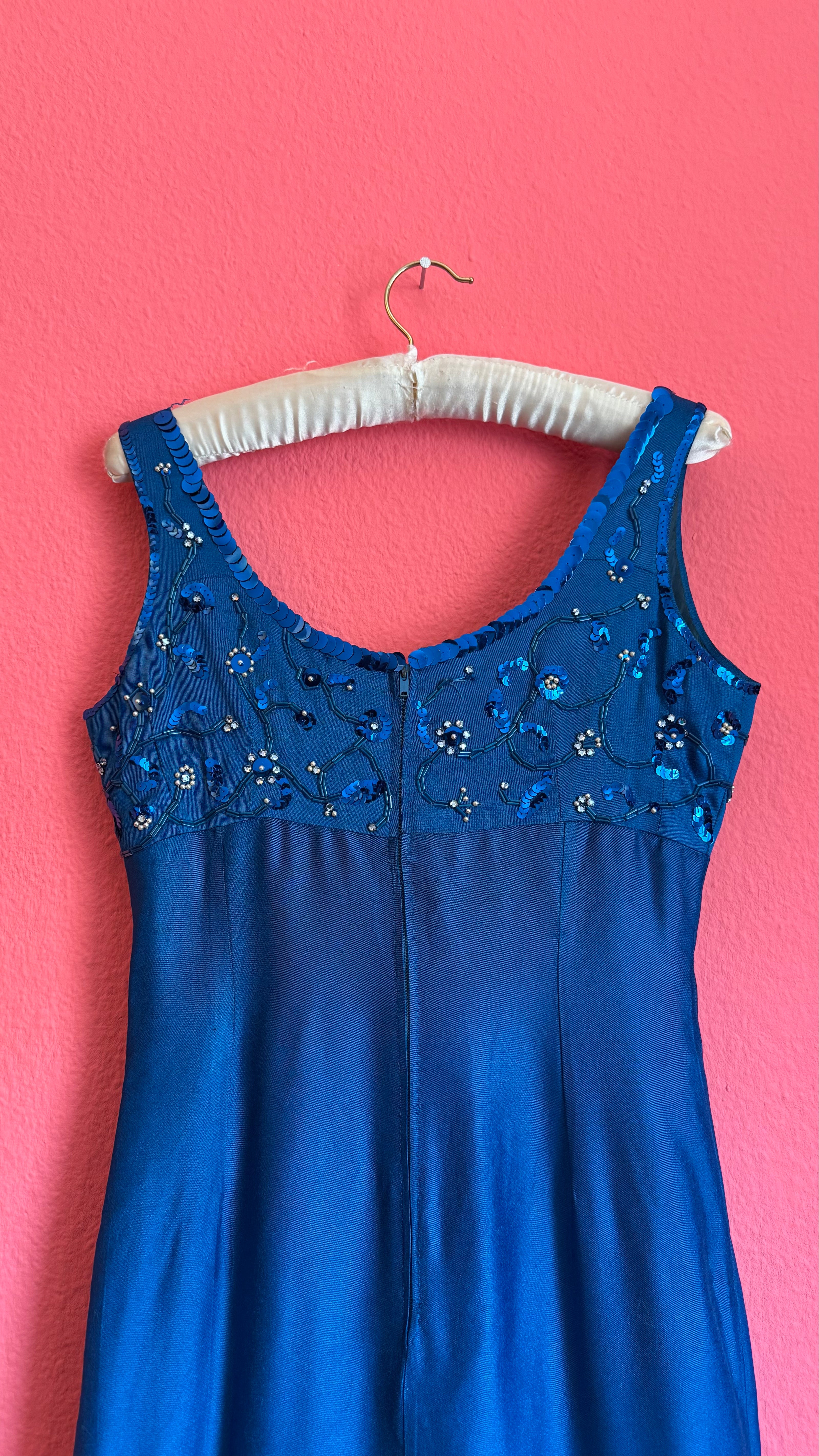 Vintage 1990s Electric Blue Beaded Evening Dress