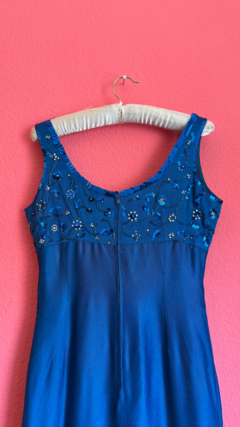 Vintage 1990s Electric Blue Beaded Evening Dress