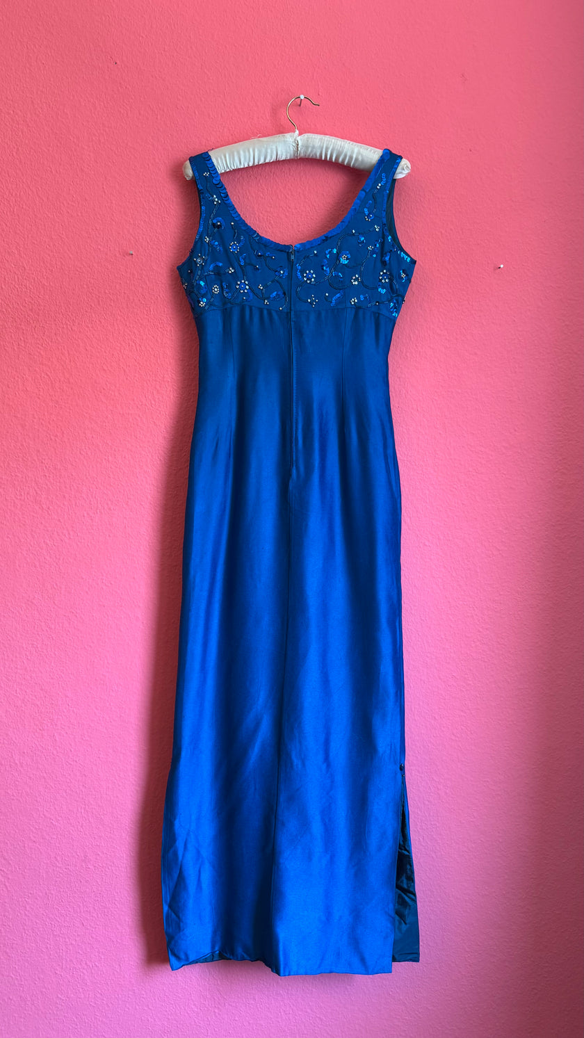 Vintage 1990s Electric Blue Beaded Evening Dress