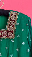 1980s Emerald Green Embroidered Dress With Burgundy Trim