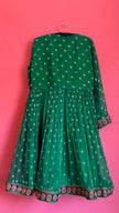 1980s Emerald Green Embroidered Dress With Burgundy Trim