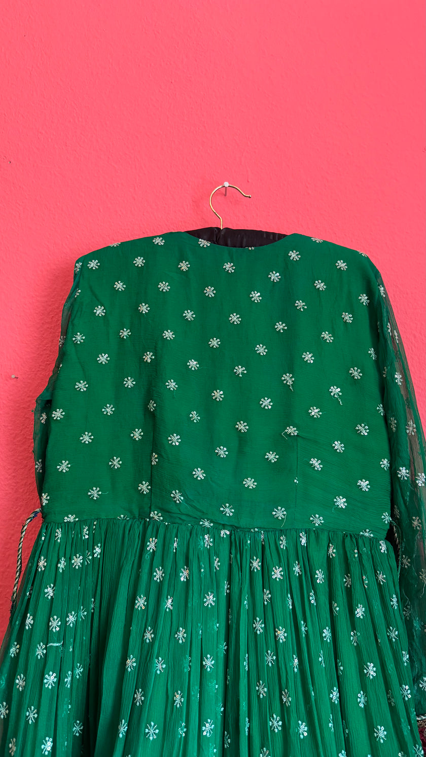 1980s Emerald Green Embroidered Dress With Burgundy Trim