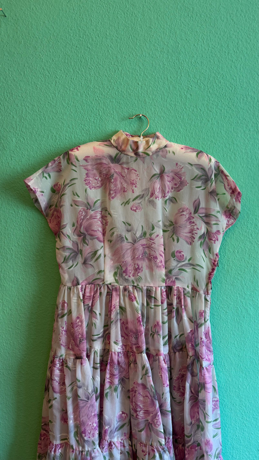 1980s Romantic Floral Tiered Dress