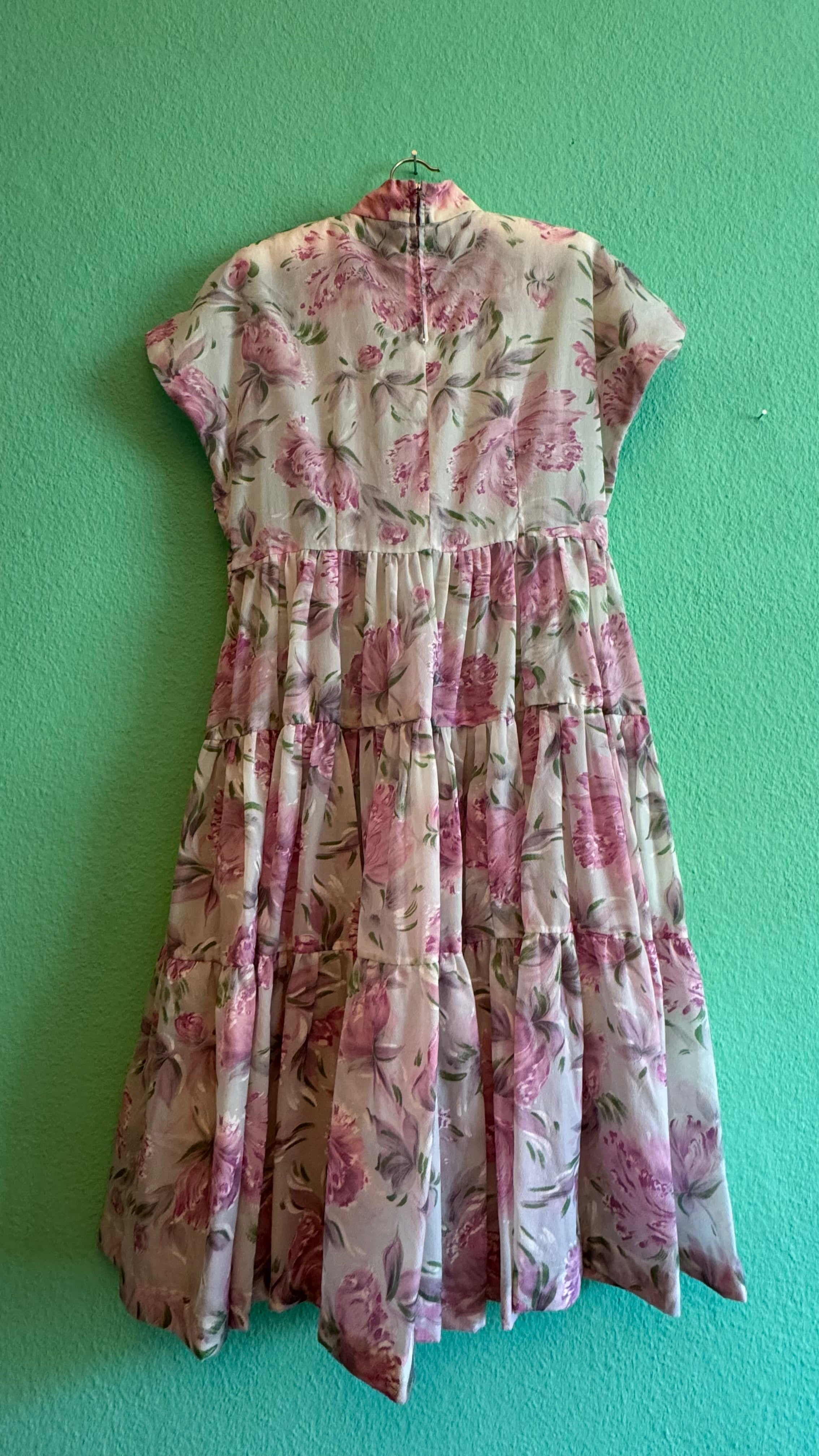 1980s Romantic Floral Tiered Dress