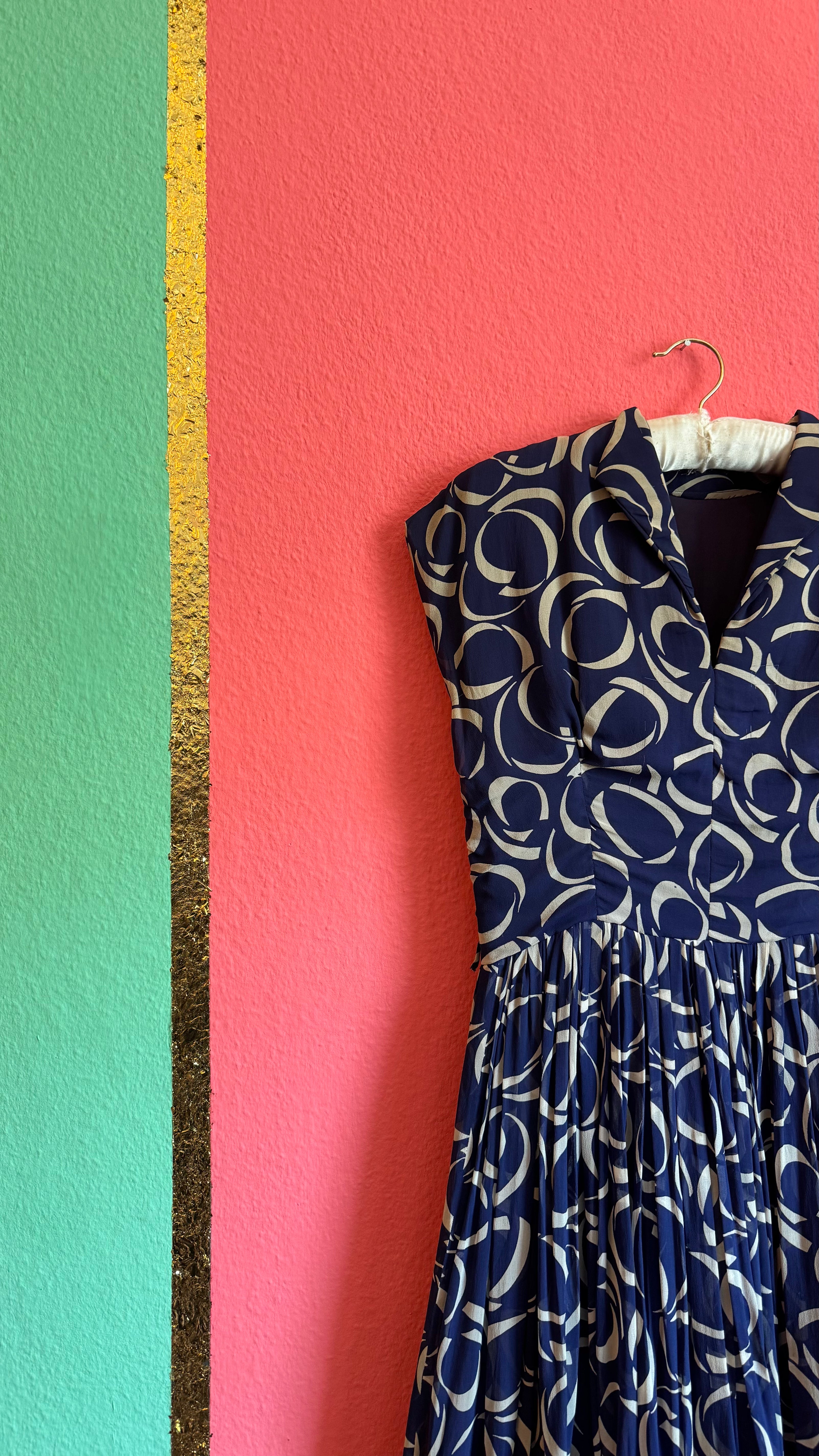 1980s Navy Geometric Pleated Dress