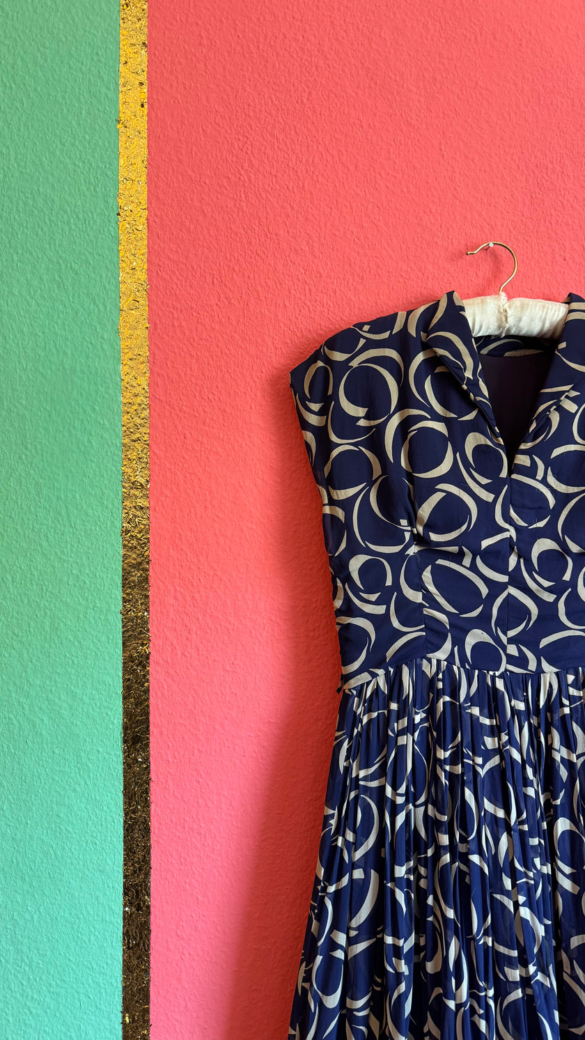 1980s Navy Geometric Pleated Dress