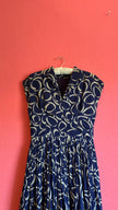 1980s Navy Geometric Pleated Dress
