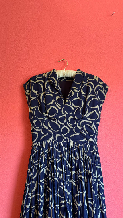 1980s Navy Geometric Pleated Dress