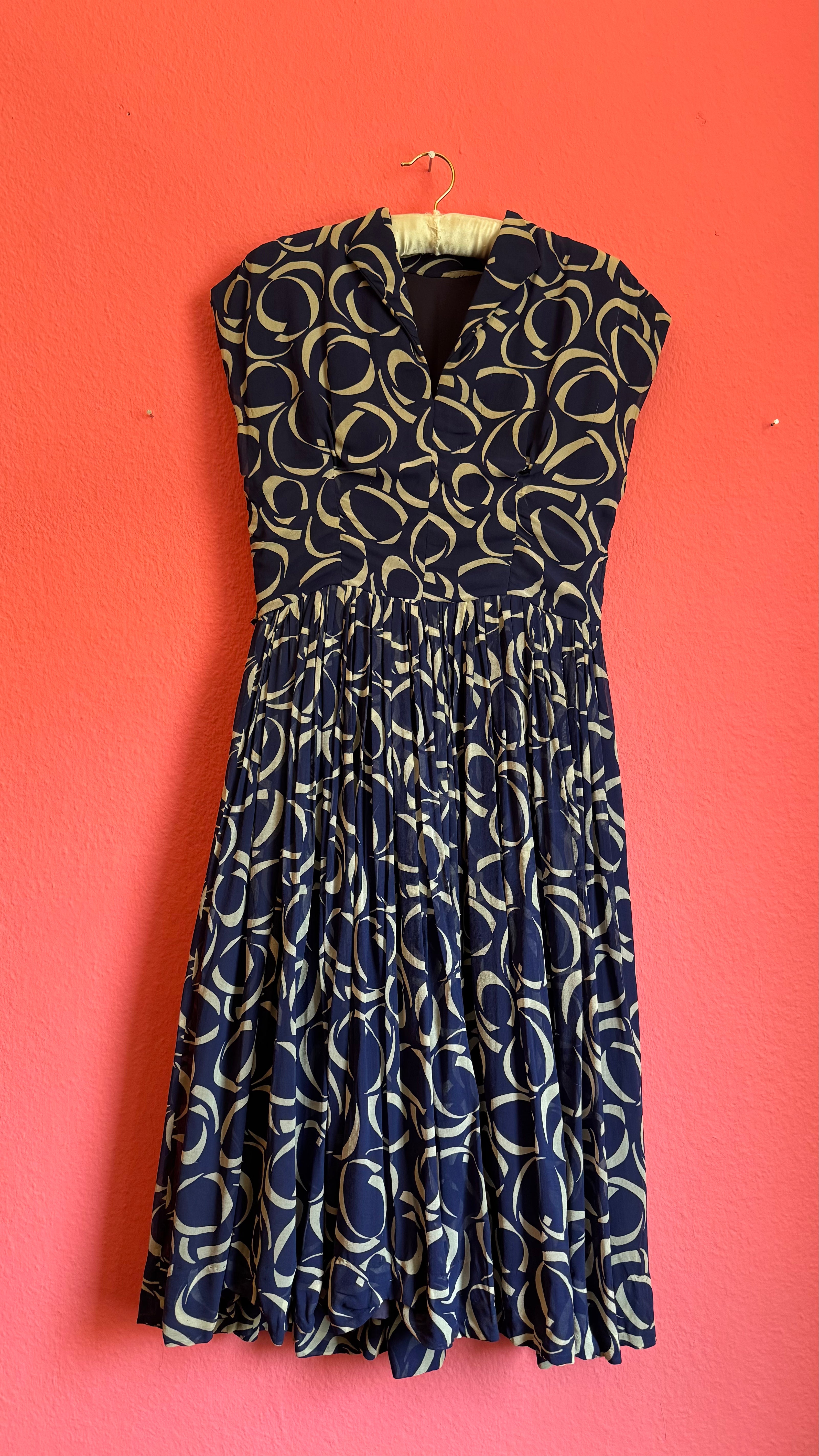 1980s Navy Geometric Pleated Dress