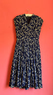 1980s Navy Geometric Pleated Dress