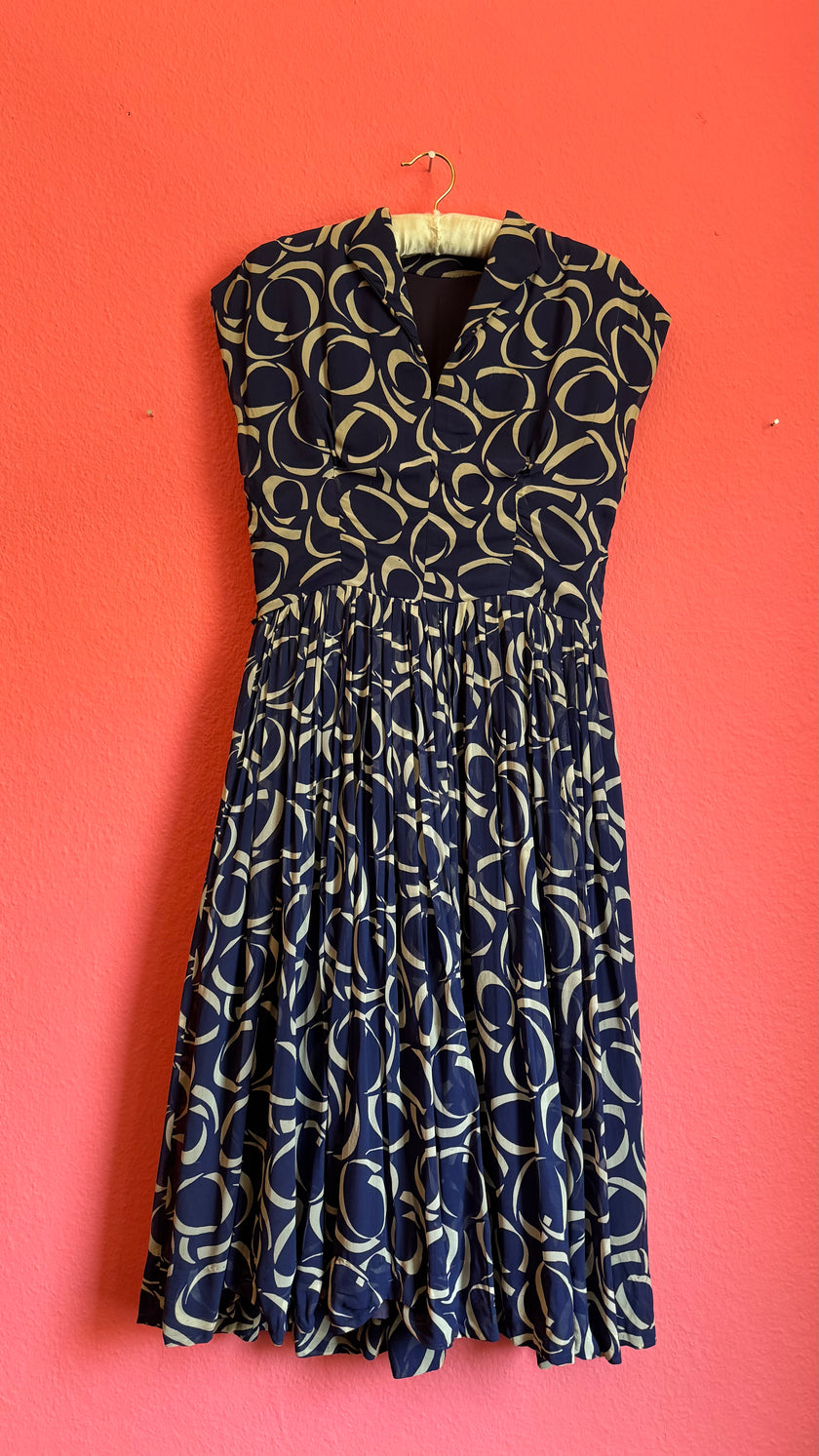 1980s Navy Geometric Pleated Dress